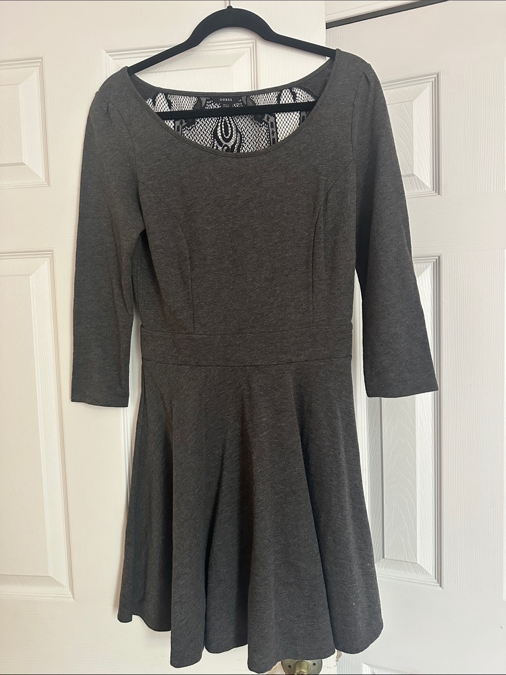 Guess Gray Scoop Neck Fit-and-Flare Long Sleeve Dress with elegant lace detail